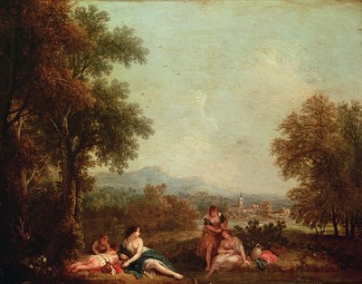 Klassieke figuren in een Italiaans landschap door Francesco Zuccarelli